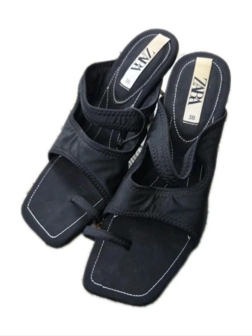 Zara Heels Neoprene Sandals size 7.5 Black Square Toe Block Heel Minimalist Chic